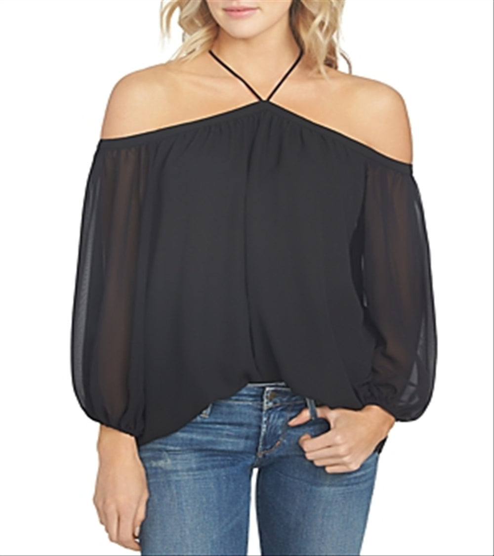 1.STATE Blusa feminina ombro a ombro com decote halter, preta