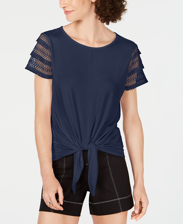 INC International Concepts Top feminino plus size com manga de renda e amarração frontal, azul, tamanho 3X