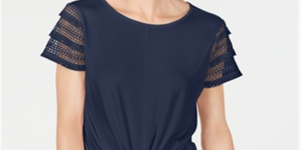 INC International Concepts Top feminino plus size com manga de renda e amarração frontal, azul, tamanho 3X