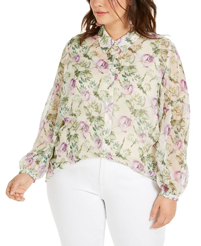 Blusa feminina com estampa floral plus size INC International Concepts, branca, tamanho 1X
