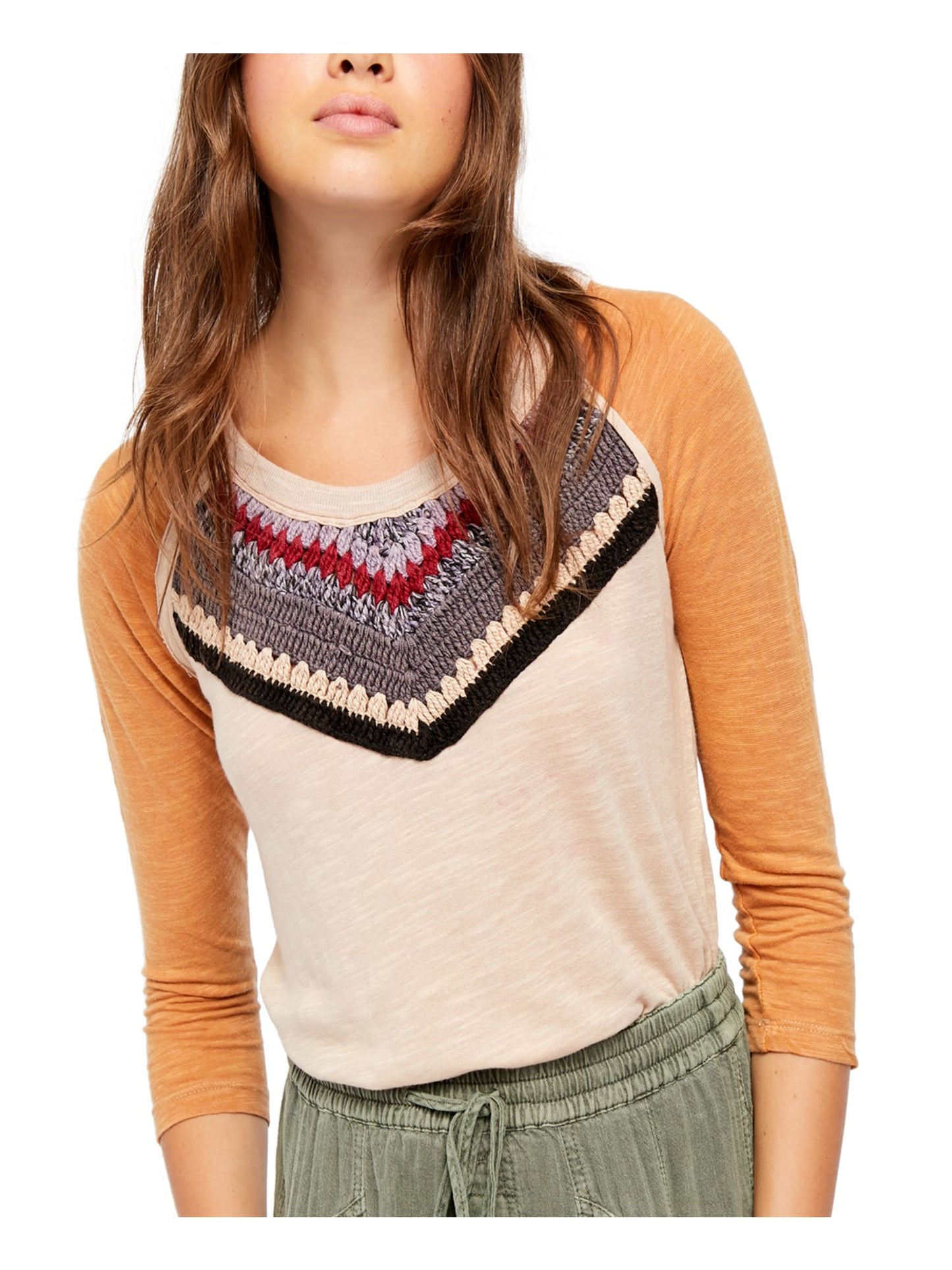 Blusa feminina Free People com decote redondo e manga 3/4, de malha frontal, tamanho médio, marrom