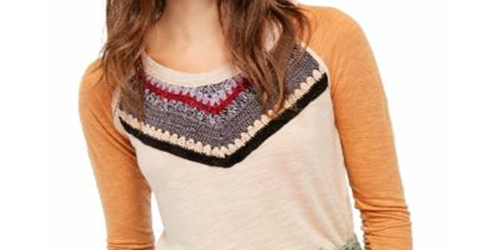 Blusa feminina Free People com decote redondo e manga 3/4, de malha frontal, tamanho médio, marrom