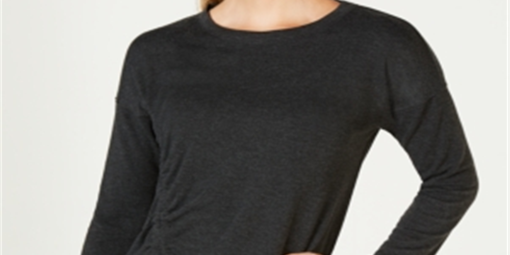 Ideologia Top atlético feminino com bainha assimétrica e manga comprida, cinza, tamanho pequeno