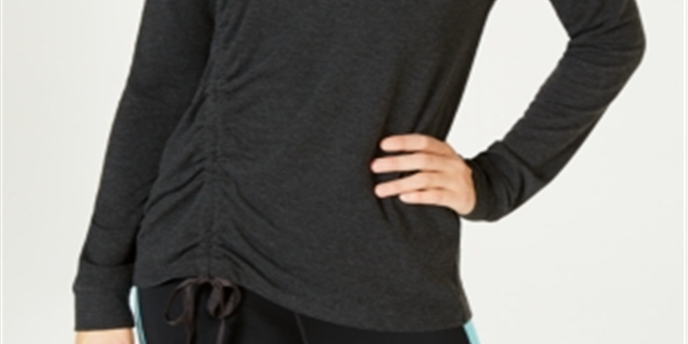 Ideologia Top atlético feminino com bainha assimétrica e manga comprida, cinza, tamanho pequeno