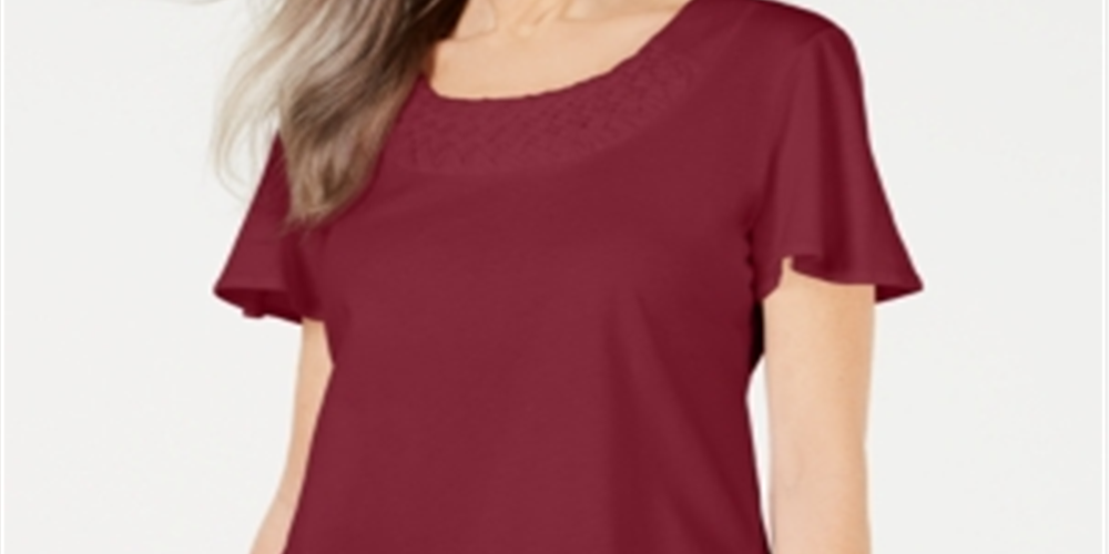 Karen Scott Blusa Feminina com Acabamento em Basketweave e Manga Flutter, Vermelha, Tamanho P