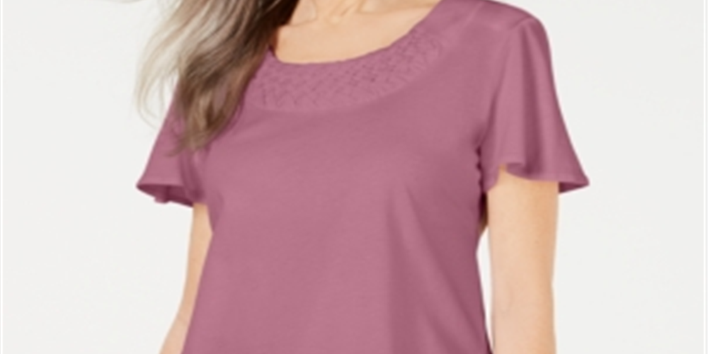 Karen Scott Blusa Feminina com Acabamento em Basketweave e Manga Flutter Rosa Tamanho P