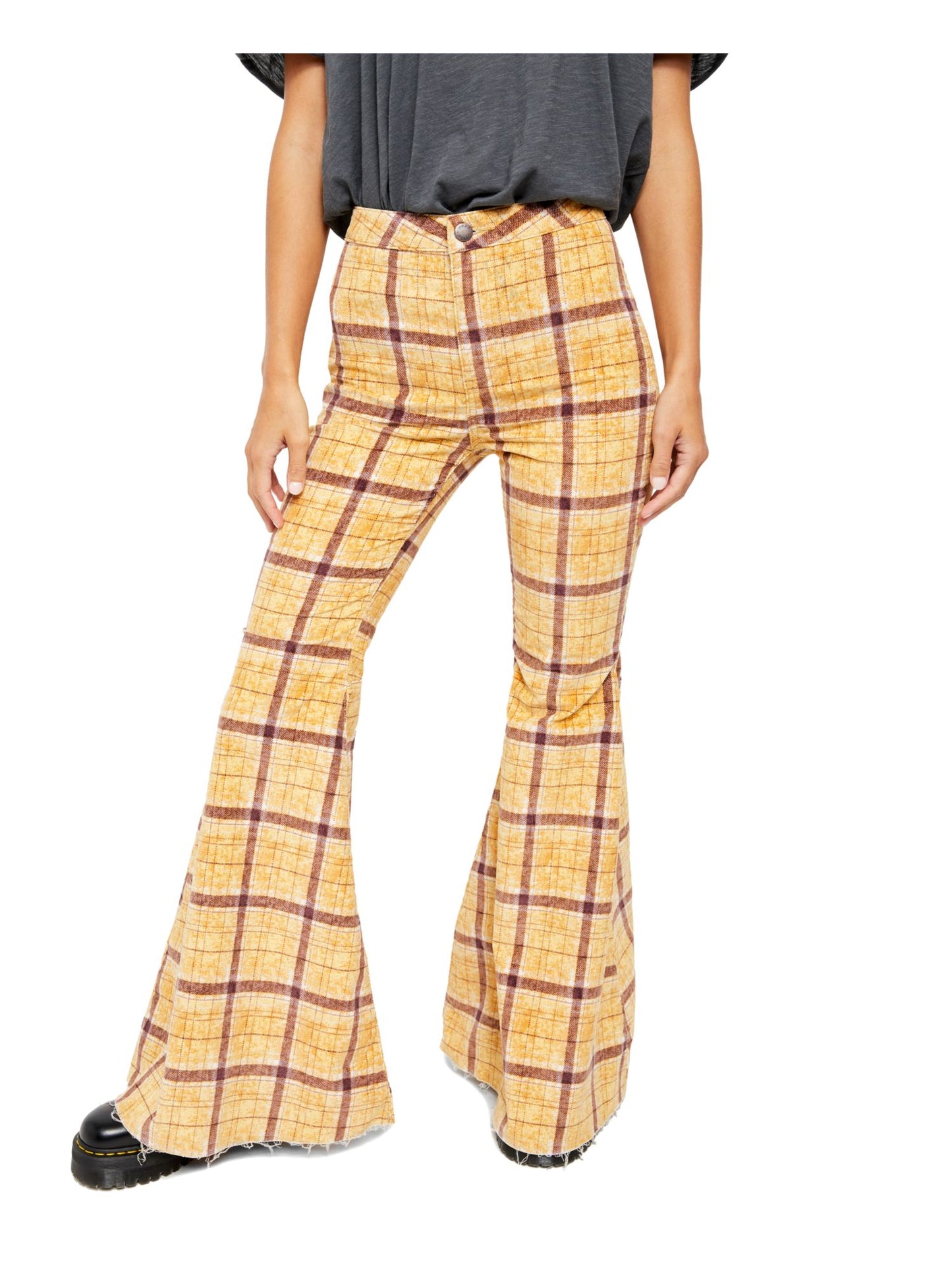 Calça feminina xadrez de perna larga Free People, amarela, tamanho 28