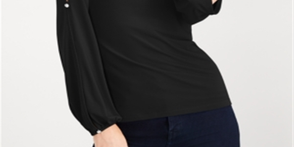 INC International Concepts Top feminino com mangas divididas e botões de strass, preto, tamanho X-S