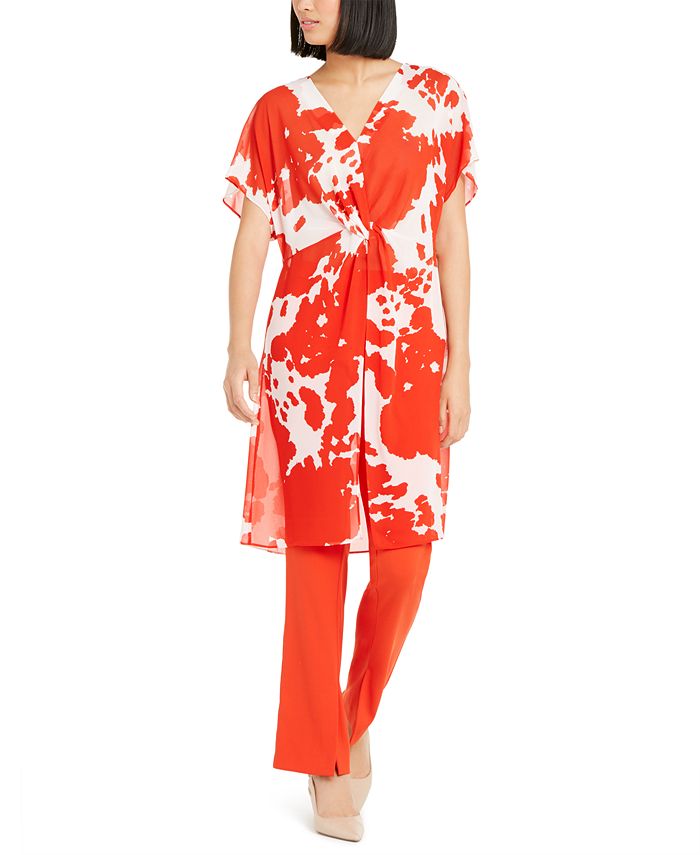 Blusa túnica feminina Alfani com estampa frontal transparente e torção, vermelha, tamanho grande