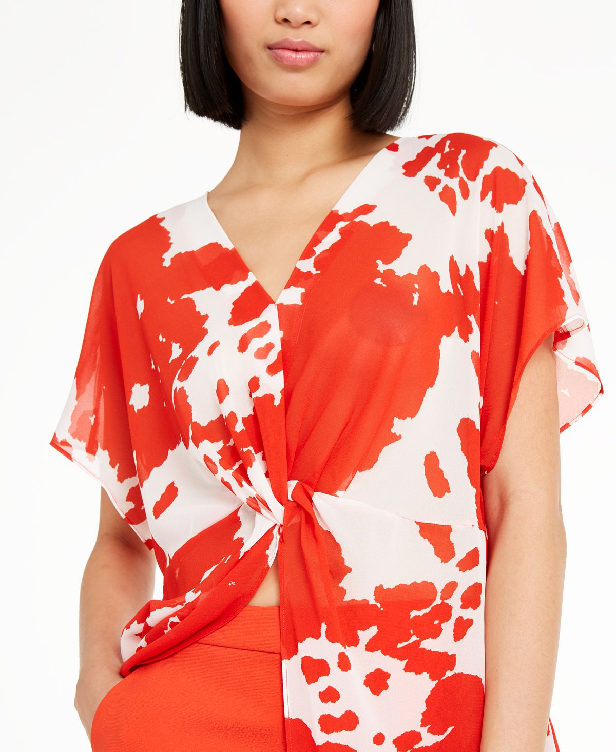 Blusa túnica feminina Alfani com estampa frontal transparente e torção, vermelha, tamanho grande