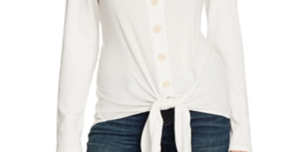 Vince Camuto Blusa feminina de malha canelada com amarração frontal, branca, tamanho extragrande