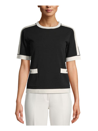 Blusa de malha feminina Anne Klein com bolsos frontais, preta, tamanho médio