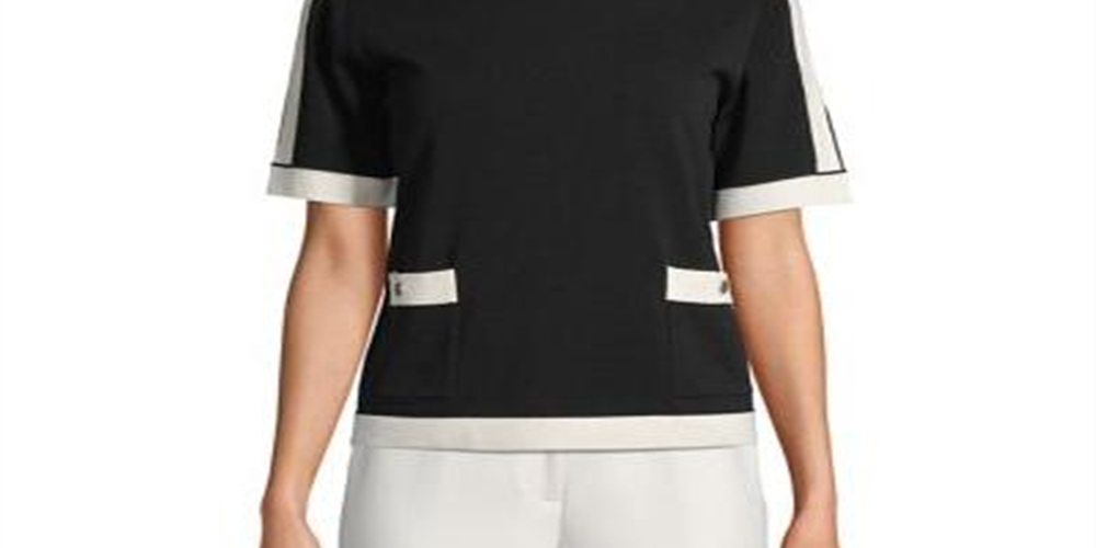 Blusa de malha feminina Anne Klein com bolsos frontais, preta, tamanho médio