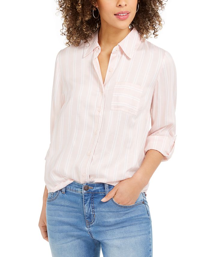 Camisa listrada feminina Style &amp; Co com um bolso, rosa, tamanho pequeno