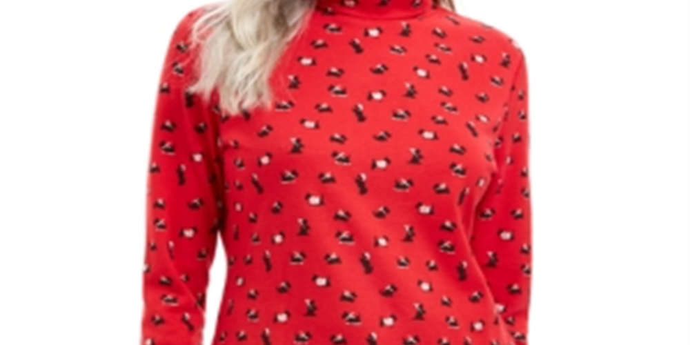 Karen Scott Blusa Feminina Manga Longa Gola Alta Estampada Vermelha Tamanho Médio