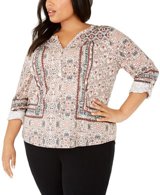Blusa feminina estampada com botões Style &amp; Co, marrom, tamanho 2X