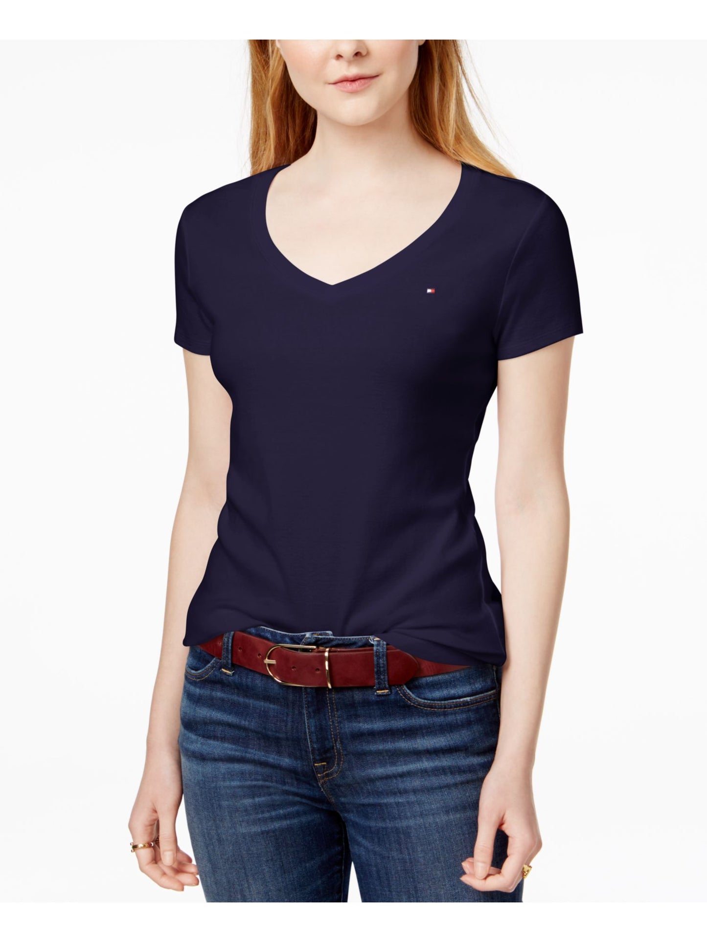 Camiseta feminina Tommy Hilfiger com decote em V, azul, tamanho grande