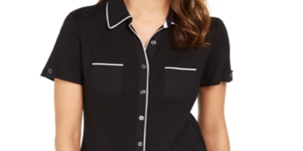 Blusa feminina Karen Scott com botões e debrum de algodão, preta, tamanho X-S