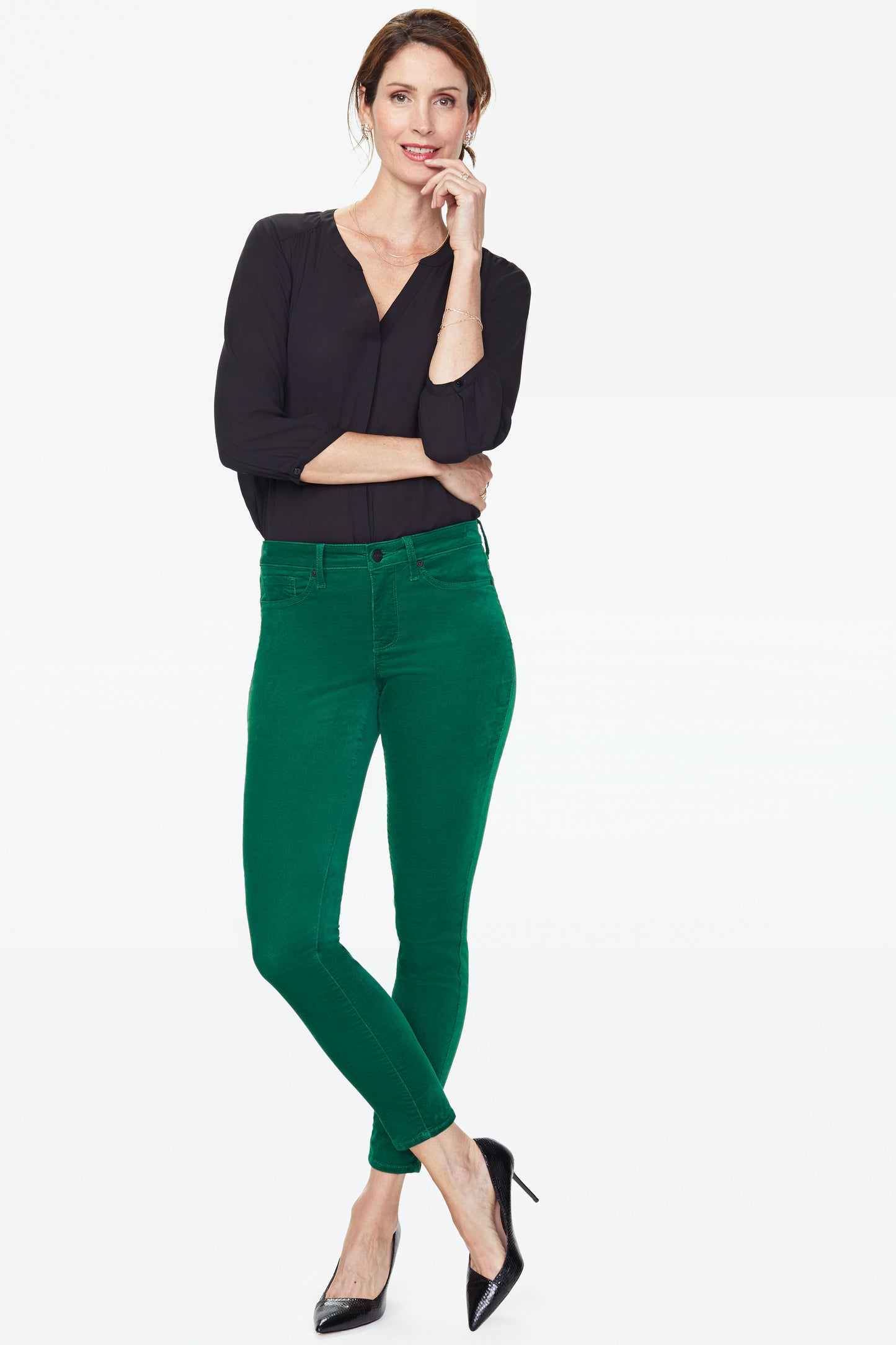 Calça skinny com bolso e zíper NYDJ feminina, tamanho 6, verde