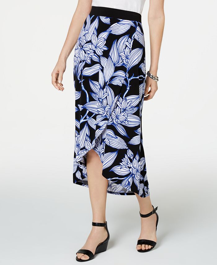 Saia envelope feminina com comprimento de chá floral JM Collection, preta, tamanho XX-G