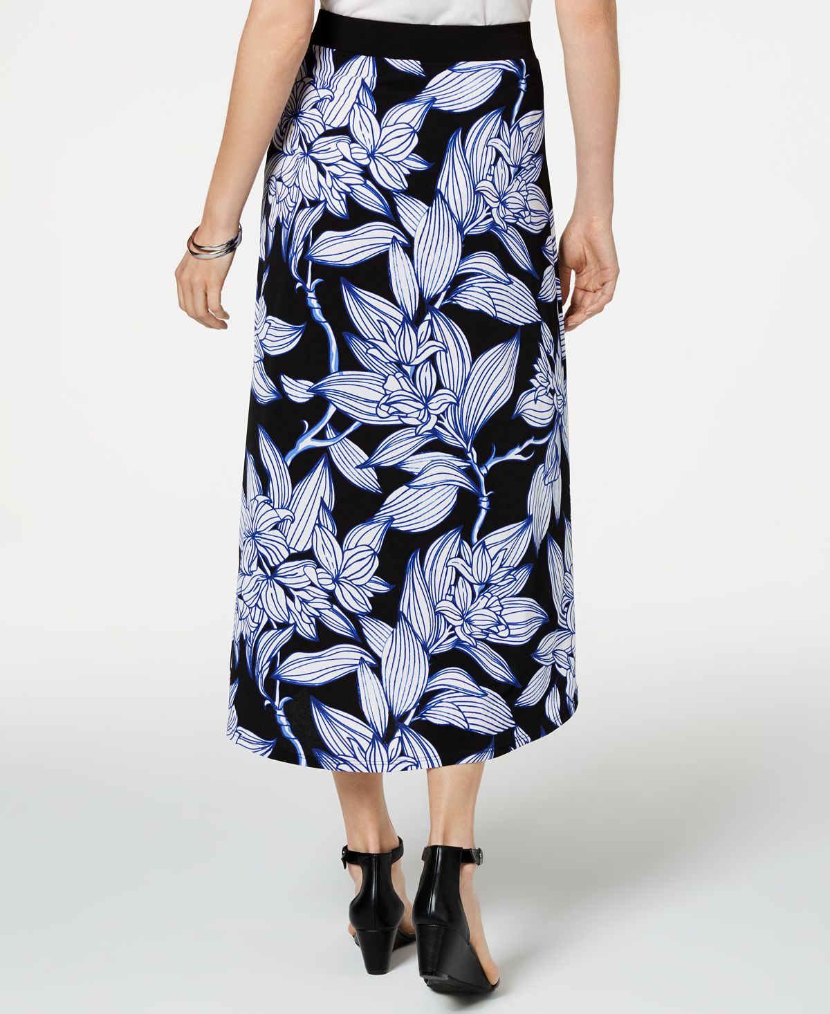 Saia envelope feminina com comprimento de chá floral JM Collection, preta, tamanho XX-G