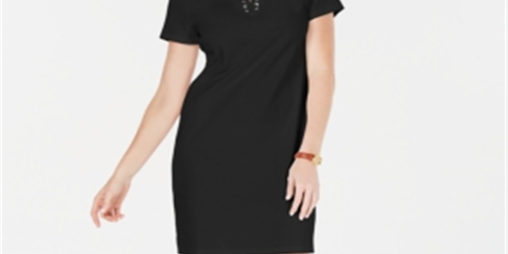 Vestido feminino Karen Scott de algodão com cadarço e gola dividida, preto, tamanho X-S