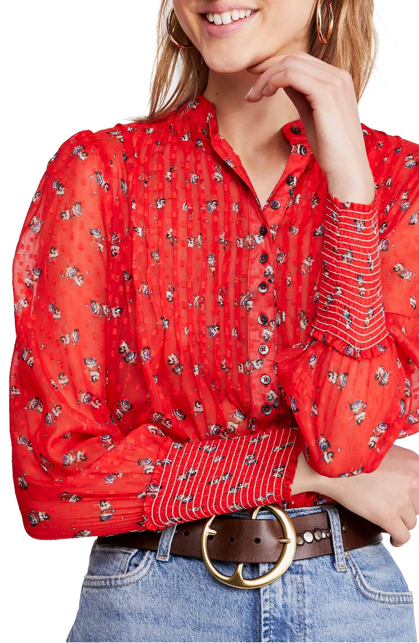 Blusa transparente com estampa de flores em dezembro para mulheres da Free People, vermelha, tamanho médio