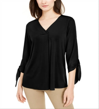 Blusa feminina Alfani com punho e gravata, preta, tamanho X-S