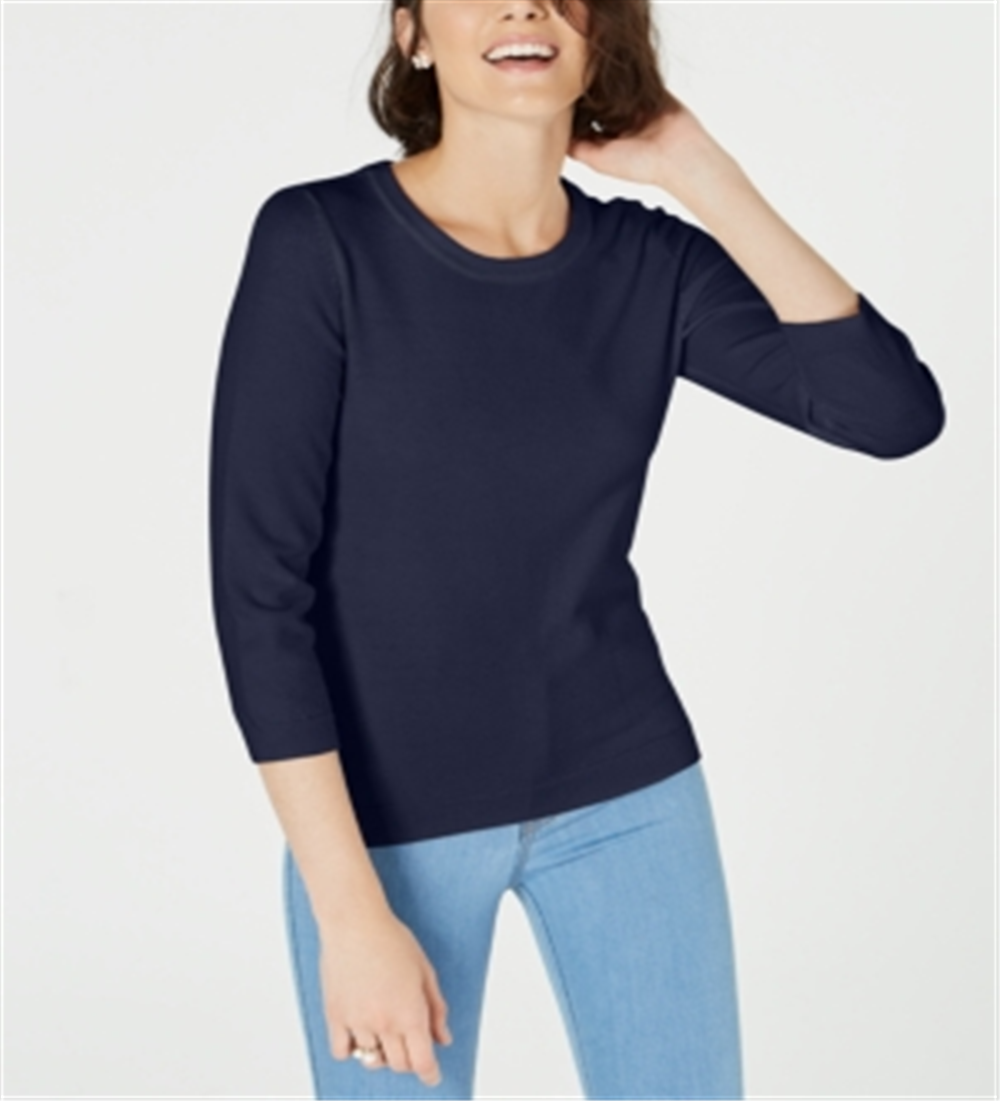 Suéter feminino Maison Jules com gola redonda e manga 3/4, azul, tamanho extragrande