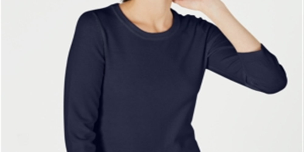 Suéter feminino Maison Jules com gola redonda e manga 3/4, azul, tamanho extragrande