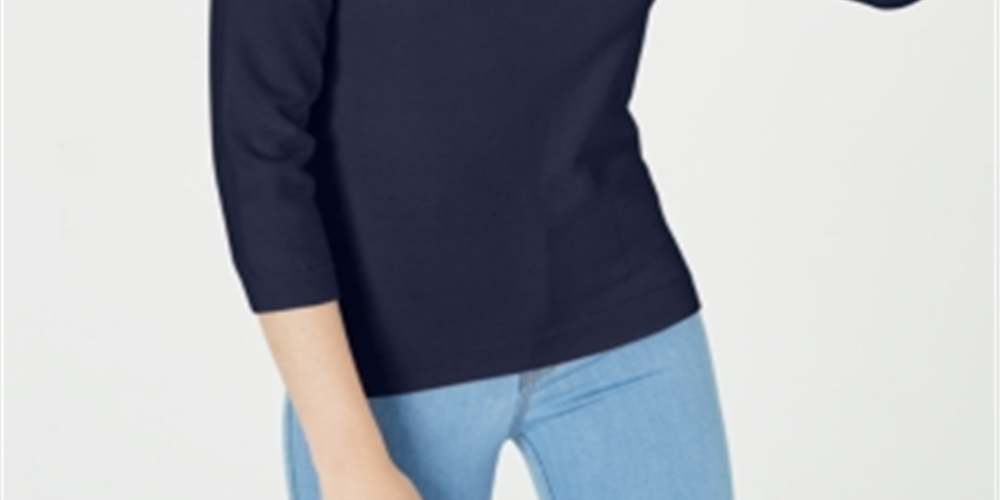 Suéter feminino Maison Jules com gola redonda e manga 3/4, azul, tamanho extragrande