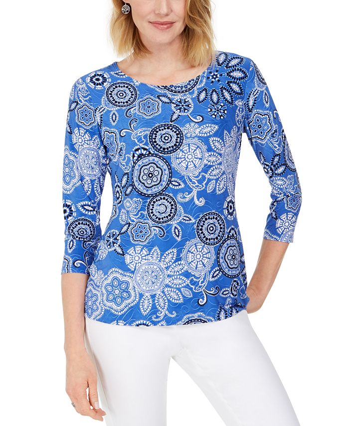 Blusa feminina estampada em jacquard, azul, tamanho pequeno, da coleção JM