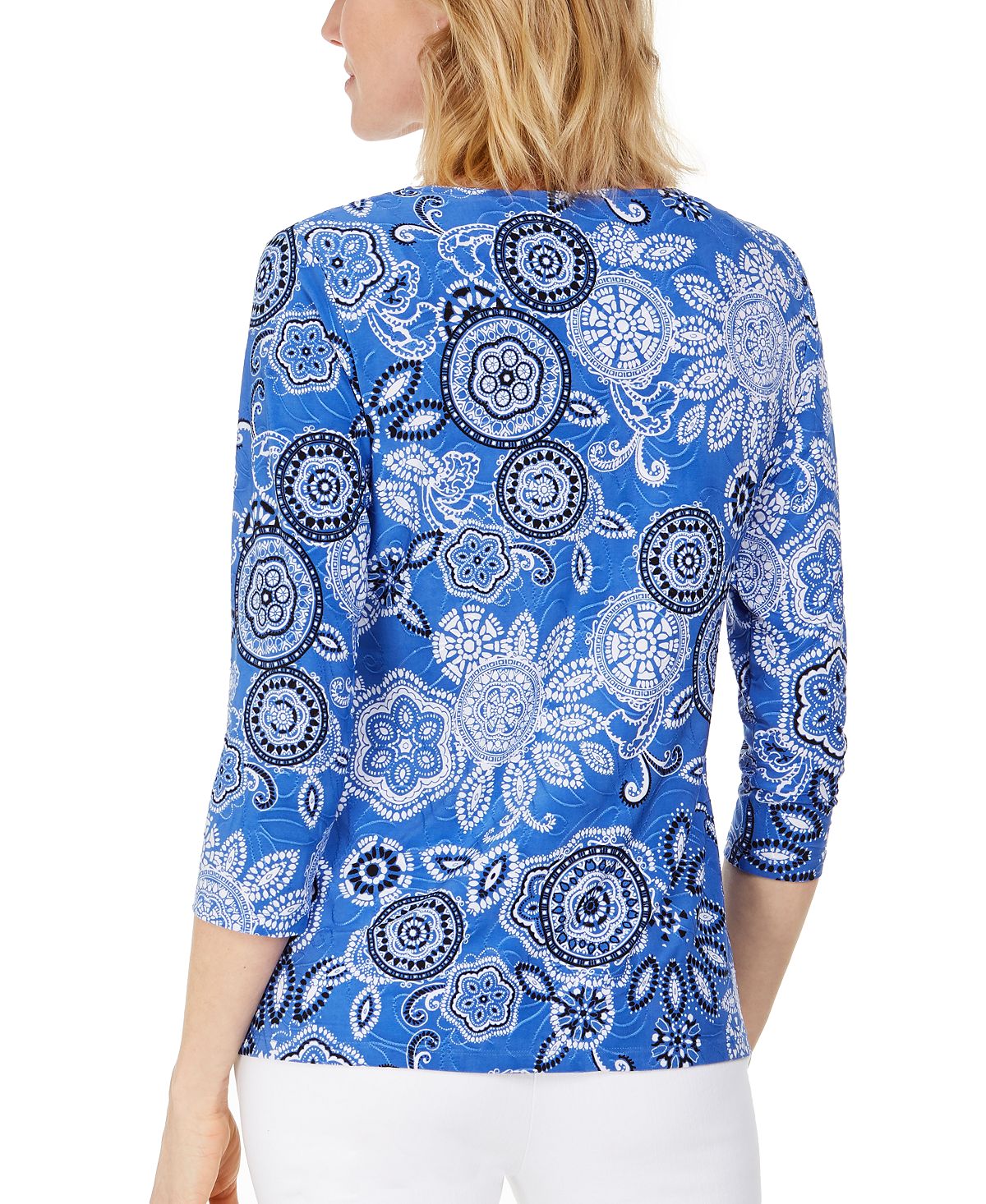 Blusa feminina estampada em jacquard, azul, tamanho pequeno, da coleção JM
