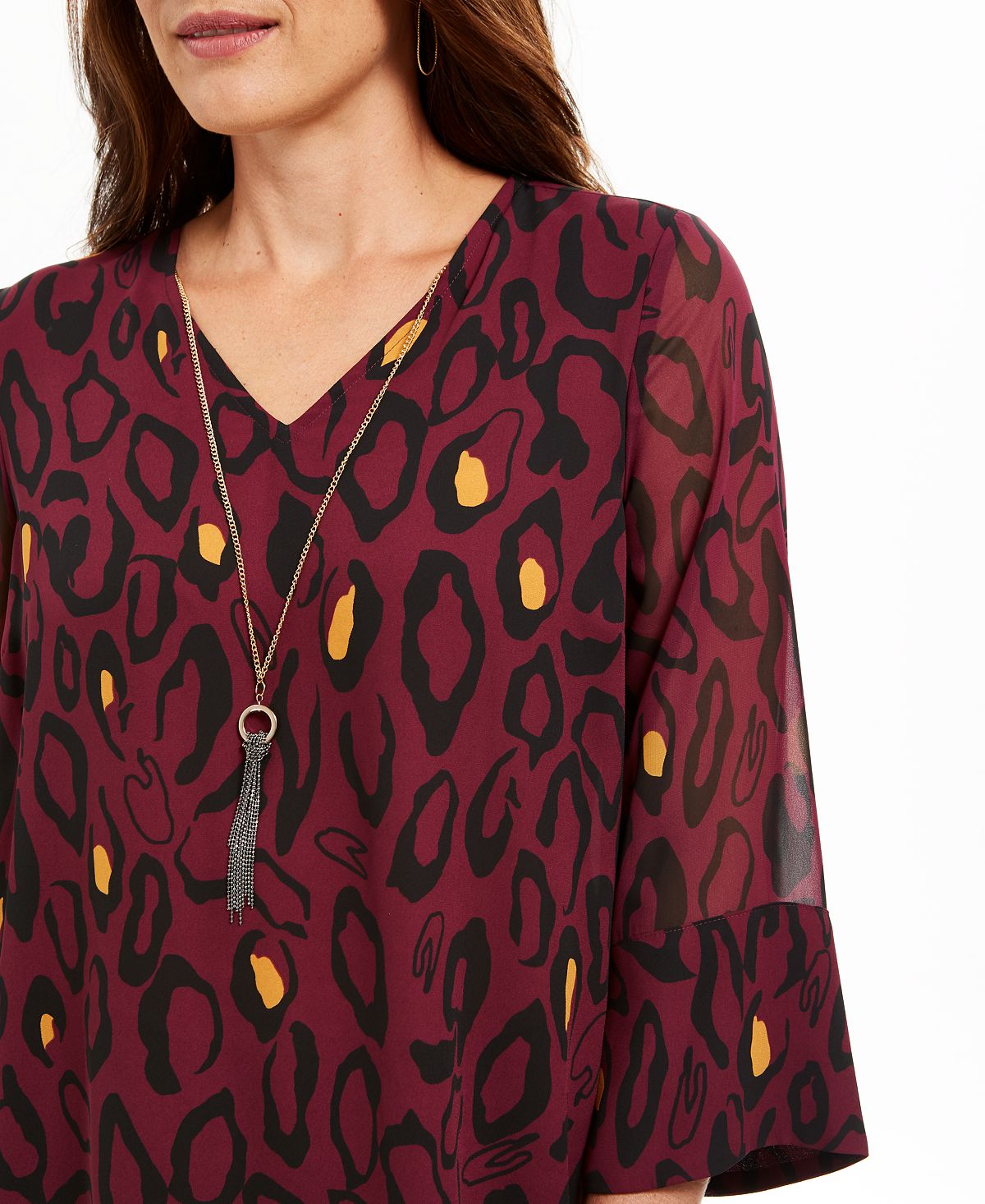Blusa feminina estampada com colar JM Collection, roxa, tamanho pequeno XL