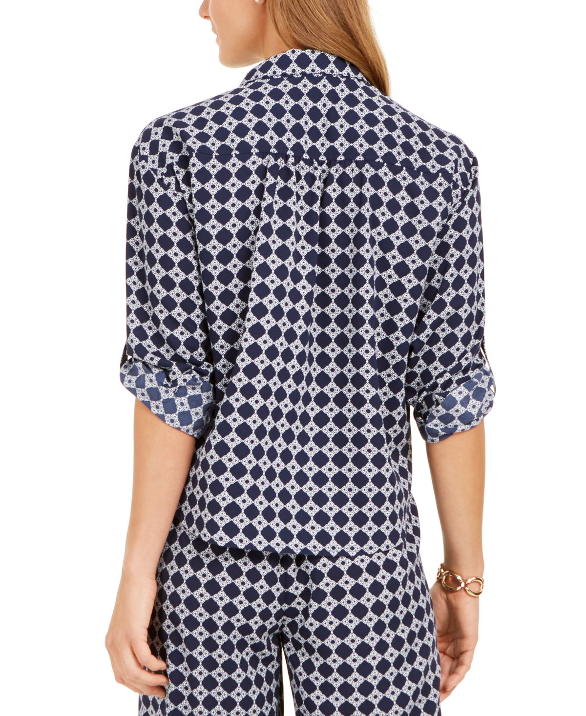 Charter Club Blusa feminina estampada com amarração frontal, azul, tamanho pequeno