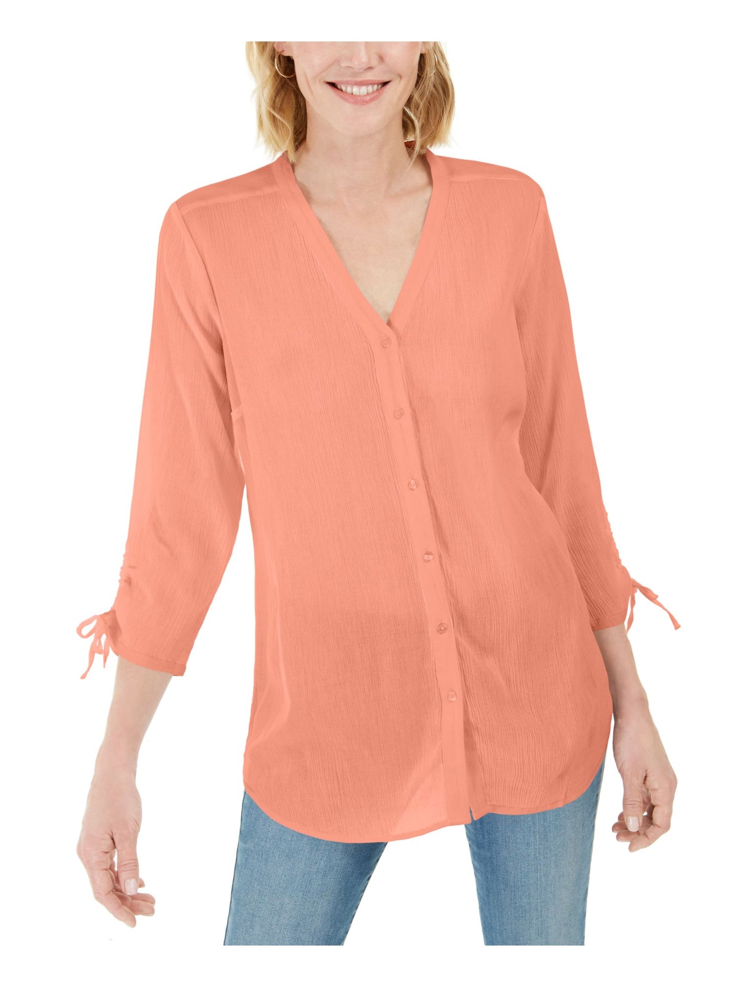 Blusa feminina Charter Club Coral com amarrações nos punhos, manga 3/4, decote em V, coral, tamanho XX-grande
