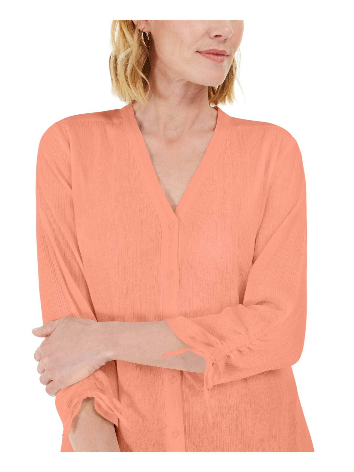 Blusa feminina Charter Club Coral com amarrações nos punhos, manga 3/4, decote em V, coral, tamanho XX-grande
