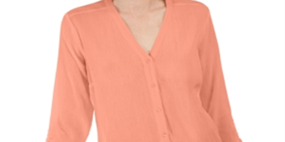 Blusa feminina Charter Club Coral com amarrações nos punhos, manga 3/4, decote em V, coral, tamanho XX-grande