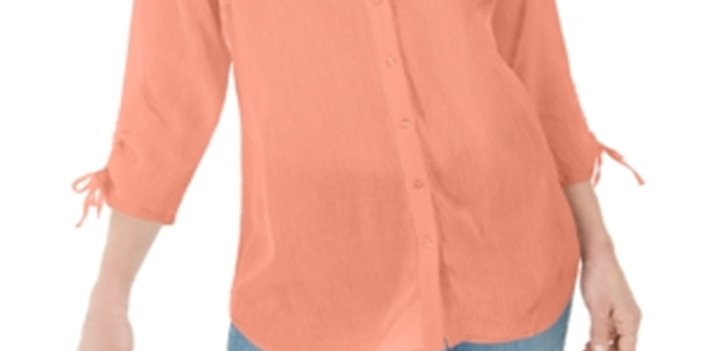 Blusa feminina Charter Club Coral com amarrações nos punhos, manga 3/4, decote em V, coral, tamanho XX-grande