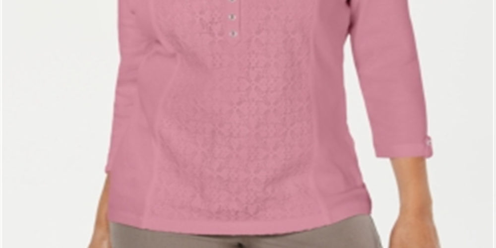 Karen Scott Top Henley Feminino de Algodão com Ilhós Frontais Rosa Tamanho Pequeno