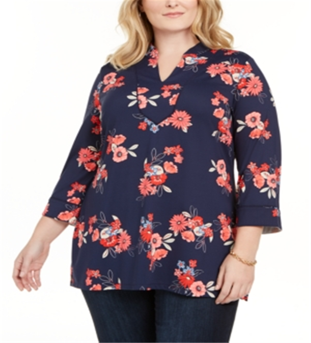 Túnica feminina Charter Club Plus com estampa floral e manga 3/4, azul, tamanho 2X