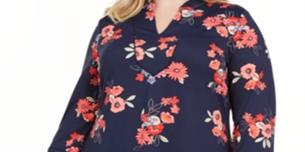 Túnica feminina Charter Club Plus com estampa floral e manga 3/4, azul, tamanho 2X