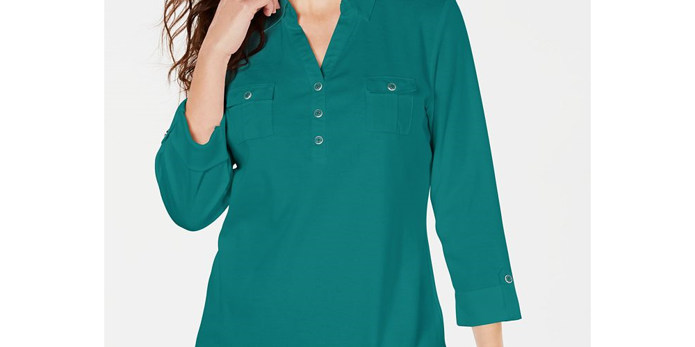 Camisa utilitária feminina Karen Scott de algodão com gola Johnny, verde, tamanho X-S