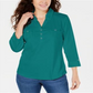 Camisa utilitária feminina Karen Scott de algodão com gola Johnny, verde, tamanho X-S