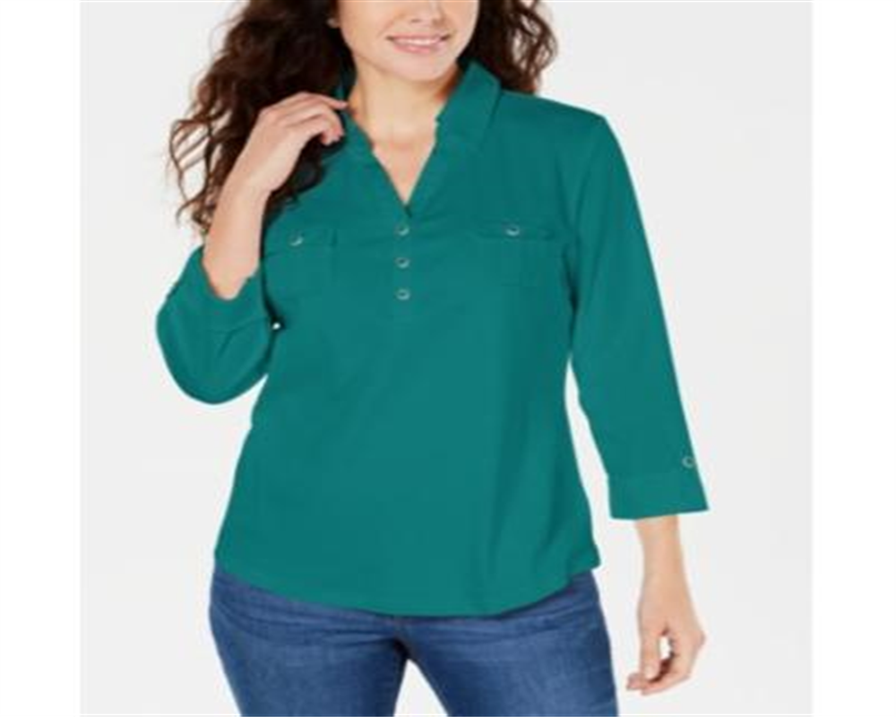 Camisa utilitária feminina Karen Scott de algodão com gola Johnny, verde, tamanho X-S