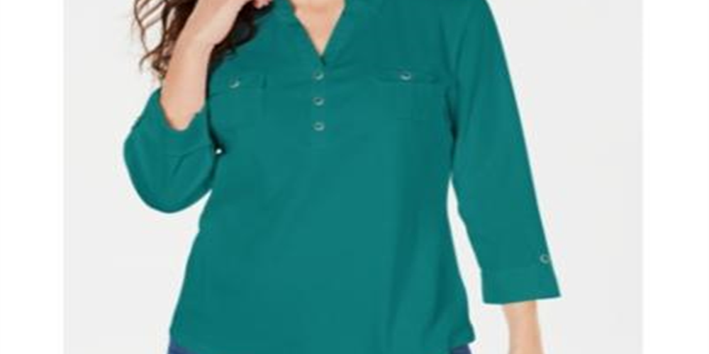 Camisa utilitária feminina Karen Scott de algodão com gola Johnny, verde, tamanho X-S