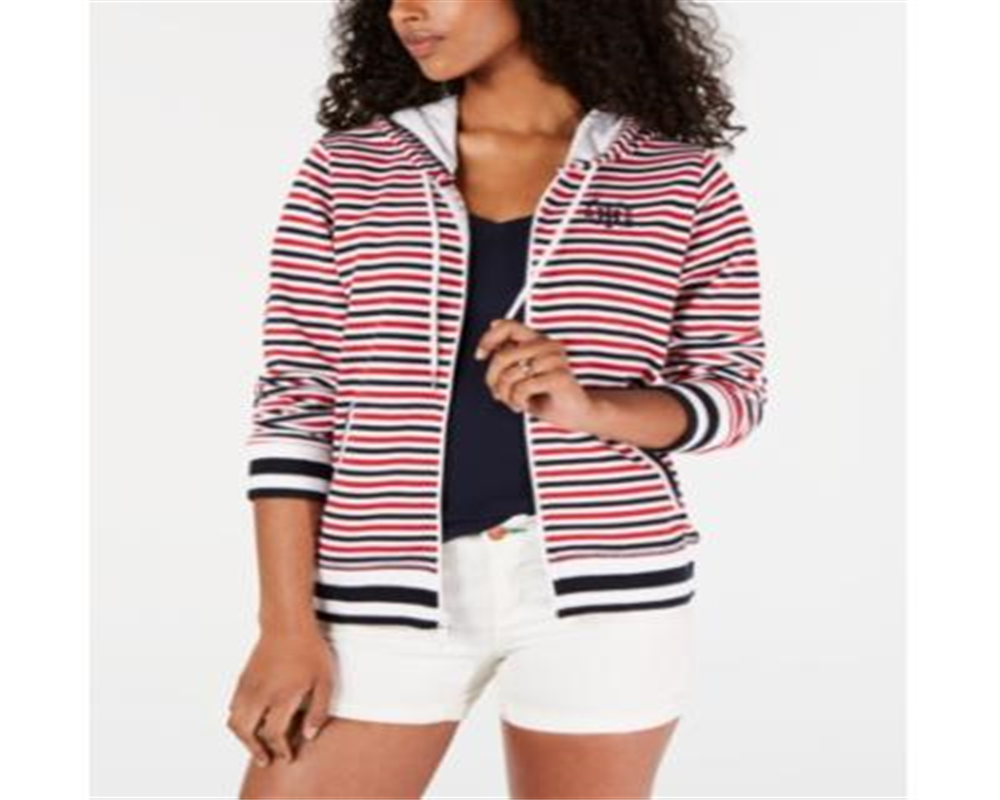 Jaqueta com capuz listrada feminina Tommy Hilfiger, branca, tamanho médio