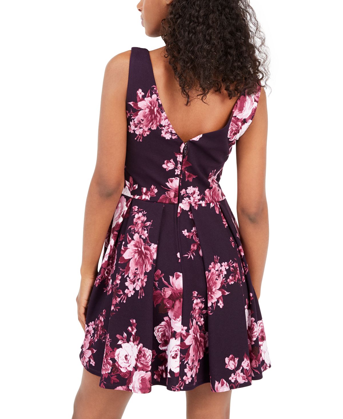 Vestido de festa curto Trixxi feminino, com bolsos, zíper, floral, alças finas, decote coração, corte flare, roxo, tamanho 13