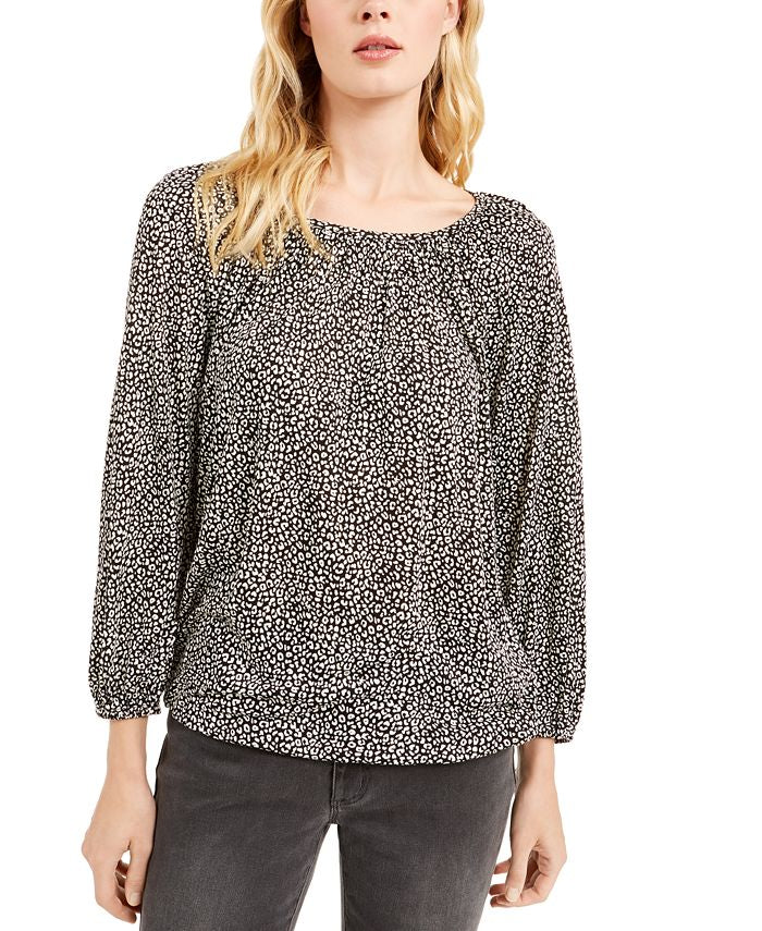 Blusa camponesa com estampa de gato Michael Kors feminina, preta, tamanho pequeno médio