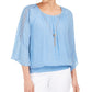 JM Collection Feminino Texturizado Crochê Manga Colar Gaze Top Azul Tamanho XX-G